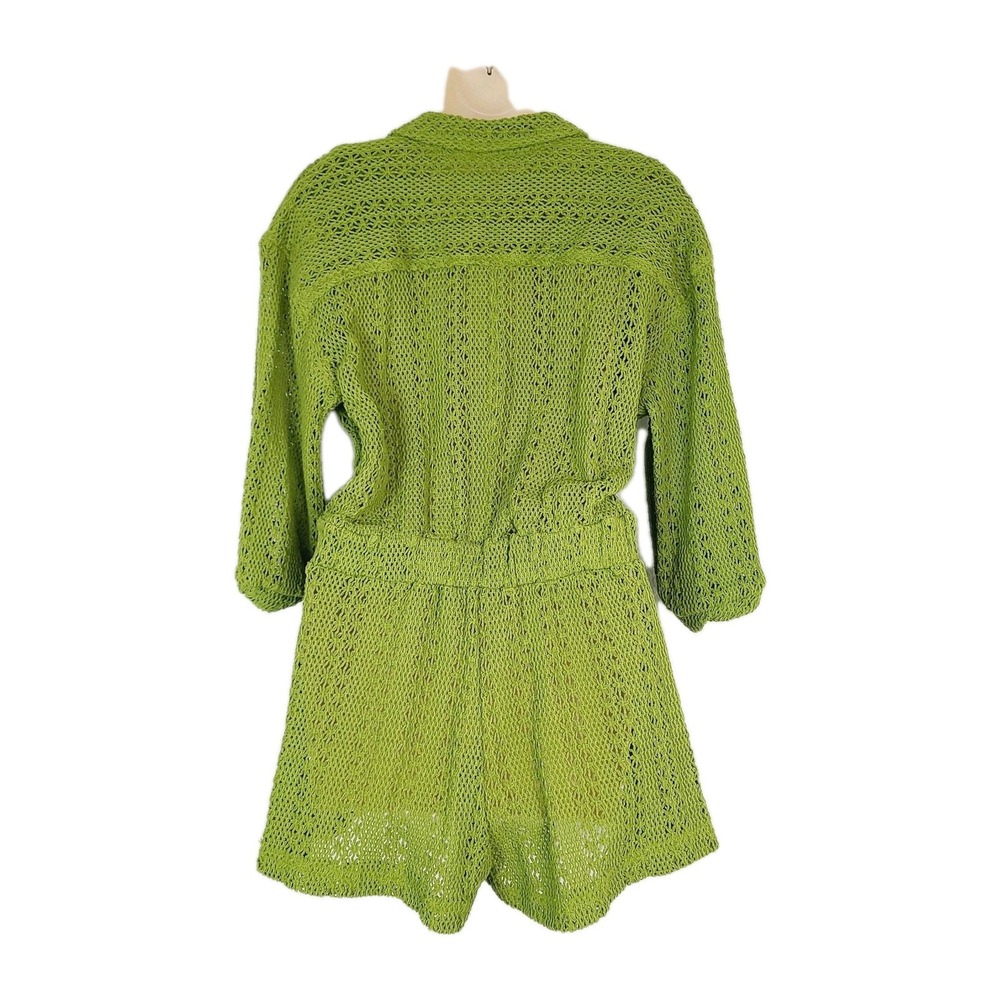 Free People Beach Romper Green Open Knit Button Front 3/4 Sleeve Stretch S Boho‎ - Picture 5 of 11